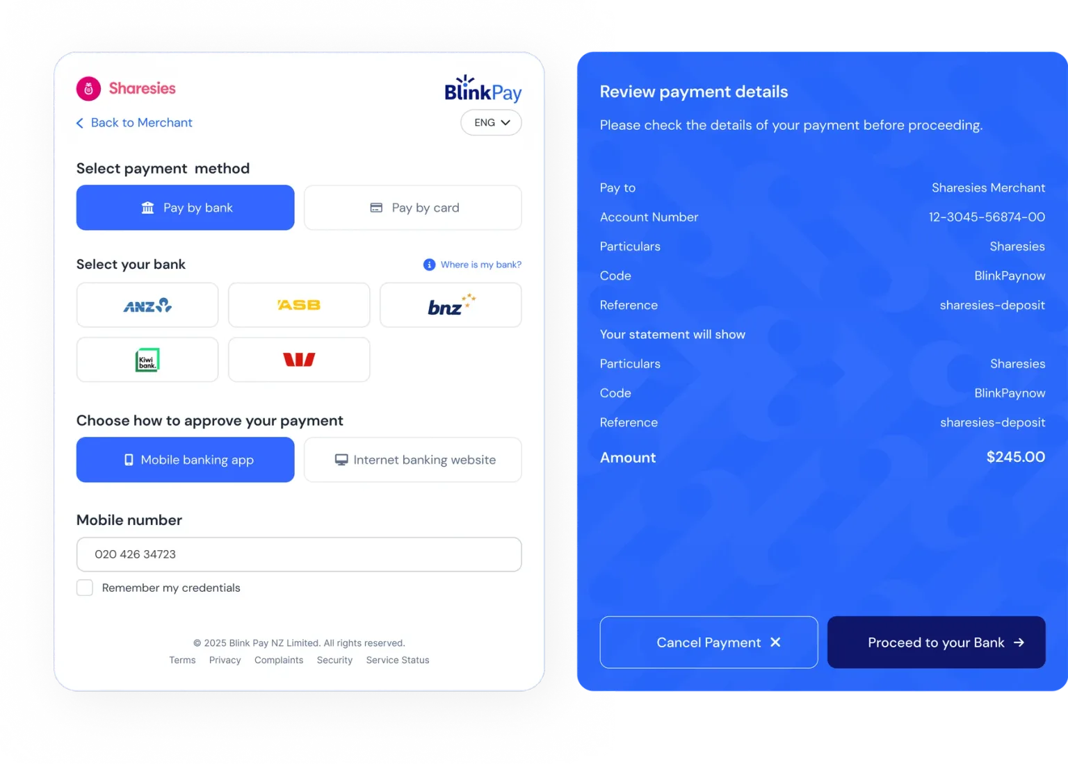 BlinkPay accepting payments dashboard interface showing payment methods and bank options