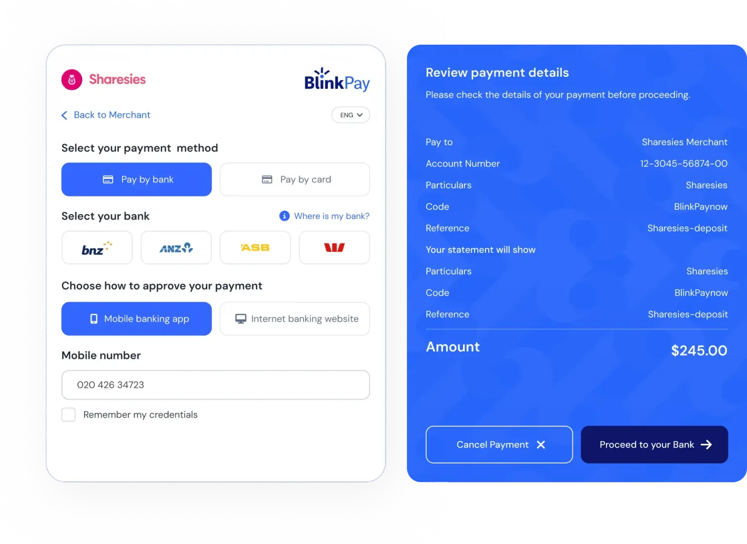 BlinkPay accepting payments dashboard interface showing payment methods and bank options